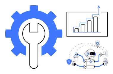 İç vites anahtarı, yukarı doğru eğilimli bar çizelgesi, aletlerle robot çalıştırma görevleri. Verimlilik, teknoloji, üretkenlik, otomasyon, yapay zeka geliştirme için ideal. Basit düz metafor