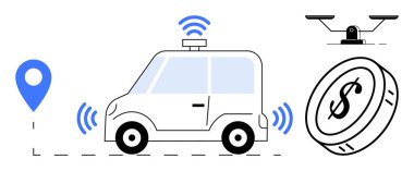Sensörleri ve sinyalleri olan otomatik çalışan araba, GPS işaretleyicisi, ödeme için bozuk para ve modern teknoloji ekosisteminde insansız hava aracı. Ulaşım, navigasyon, otomasyon, teknoloji, lojistik akıllı şehirler için ideal