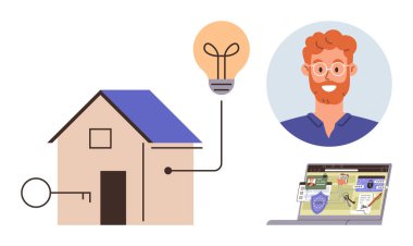 Teknolojiye bağlı ev, ampul, anahtar, bilgisayar ekranı görüntüleme kontrolleri ve kullanıcı avatarı. Akıllı ev, otomasyon, teknoloji, yenilik güvenlik enerji verimliliği için idealdir.