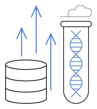 Test tüpünde DNA ipliği, veri sunucusu transferi temsil eden oklar ve bir bulut sembolü. Biyoteknoloji, genetik, bulut hesaplama, tıbbi yenilik, veri analizi bilimsel depolama için ideal