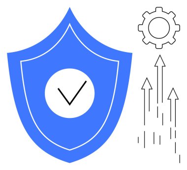 Korunmayı simgeleyen işaretli mavi kalkan, işlem optimizasyonu için teçhizat ve gelişme ve gelişme için yukarı doğru oklar. Güvenlik, mahremiyet, güvenilirlik, iyileştirme, strateji için ideal