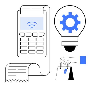 Posta terminali makbuzlu ve NFC sinyalli, alışveriş torbası elinde, içinde ekipman olan ampul. Teknoloji, e-ticaret, yenilik, perakende, işlem fintech müşteri deneyimi için idealdir. Basit.
