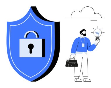 Kilit sembollü mavi kalkan, fikir ampulü taşıyan iş adamı. Güvenlik, yenilik, teknoloji, iş büyümesi, mahremiyet, güvenlik yaratıcılığı için idealdir. Temiz tasarım basit düz bir metafor.