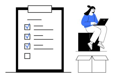 Kontrol işaretli büyük bir liste, dizüstü bilgisayarla kutuda oturan biri, aşağıdaki kutuyu aç. Üretkenlik, uzaktan çalışma, görev yönetimi, organizasyon, iş akışı hedefleme için ideal. Basit.