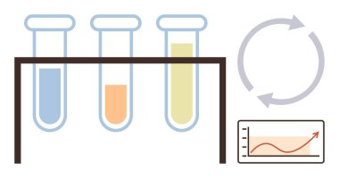 Çeşitli çözümleri, bir döngü diyagramını ve büyüme eğilimlerini gösteren grafiği olan bir tutucuda üç test tüpü. Bilim, araştırma, deney, kimya, analiz ilerleme eğitimi için idealdir. Basit.
