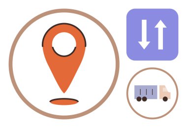 Turuncu harita iğnesi, mor yönlü oklar ve bir dağıtım kamyonu basit bir düz metaforda ulaşım, konum, nakliye, tedarik zinciri, navigasyon, verimlilik ve lojistiği sembolize eder.