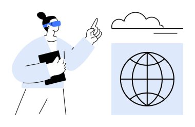 Akıllı AR gözlükleri takan bir kadın bulut simgesini işaret ediyor ve elinde tablet tutuyor. Yenilik, teknoloji, sanal gerçeklik, veri, küresel iletişim, eğitim, takım çalışması için ideal