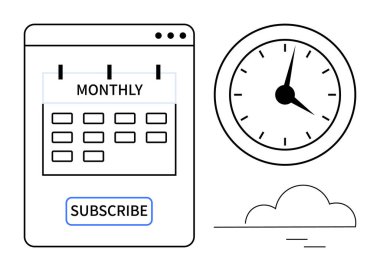 Abone düğmesiyle takvim, zaman akışını gösteren saat, minimalist bulut. Program, abonelik, zaman takibi, verimlilik, planlama organizasyon için idealdir. Basit düz
