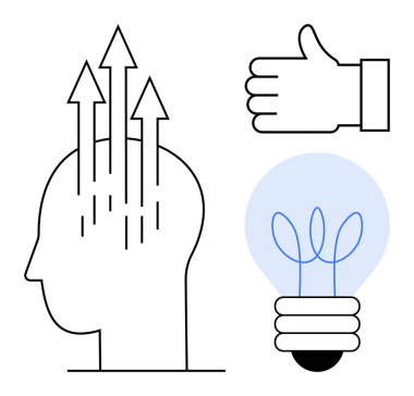 Büyümeyi gösteren yukarı doğru okları olan insan kafası, fikirler için parlayan ampul, onay için baş parmak. Yenilik için ideal, başarı, takım çalışması, yaratıcılık, ilerleme, karar verme mekanizması