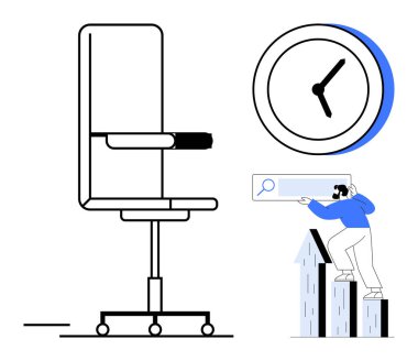 Ofis koltuğu, duvar saati, çubuk grafiklerin üzerinde duran kişi, arama çubuğuyla etkileşim. İş yeri verimliliği, zaman yönetimi, verimlilik, büyüme, analiz organizasyonu için ideal basit düz