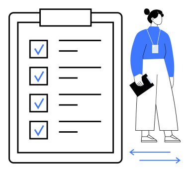 Mavi işaretli büyük bir pano kontrol listesi ve elinde dosya tutan profesyonel bir kadın. Görev yönetimi, organizasyon, üretkenlik, iş planlaması, takım işbirliği, amaç