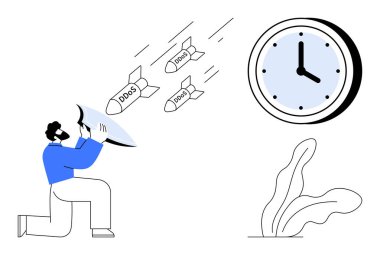 Füzelerle sembolize edilen DDoS saldırılarını engellemek için kalkan kullanan şahıs, aciliyeti gösteren bir saatle. Siber güvenlik, dijital koruma, veri savunması, çevrimiçi güvenlik, zaman yönetimi, teknoloji için ideal