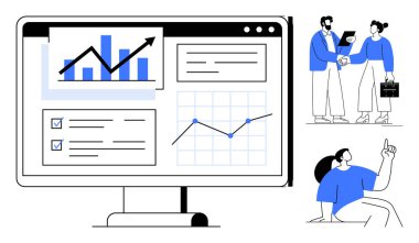 İşbirliği yapan ve beyin fırtınası yapan iş arkadaşlarının yanında analitik, çizelge ve kontrol listelerini gösteren monitör. İş için ideal, takım çalışması, veri analizi, ilerleme izleme, planlama, beyin fırtınası