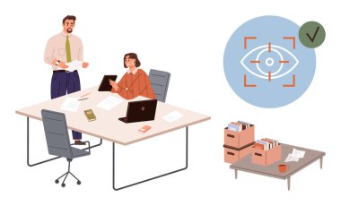 Bilgisayarlı ve belgeli bir masada evrakları tartışan meslektaşlar, güvenliği vurgulayan veri inceleme ikonu. Takım çalışması, üretkenlik, veri güvenliği, organizasyon, ofis kültürü için ideal