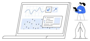 Grafikleri, çizelgeleri ve analitik paneli olan dizüstü bilgisayar. Analizci düşünme pozisyonunun yanındaki cihazı inceliyor. Teknoloji, iş, strateji, analiz, yenilik, karar verme mekanizması için ideal