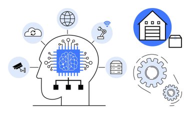 Bir insan kafasındaki sinirsel ağ çipi, bağlı ikonlar bulutu, robot kolu, sunucusu, dişlileri, akıllı sistemleri işaret ediyor. Yapay zeka, loto, akıllı otomasyon, robotik yenilik teknolojisi geliştirme için idealdir.