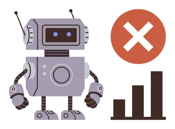 Робот стоит рядом со снижающейся диаграммой и красным знаком ошибки ИИ, сбоя или неисправности. Идеально подходит для AI неудачи, технологические ошибки, риски автоматизации, потери данных, цифровые