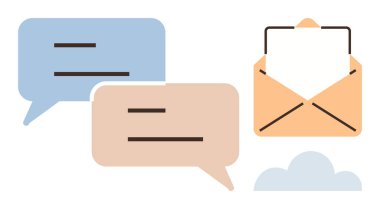 Konuşma baloncukları açık bir zarfın yanında bir mektupla yapılan konuşmaları temsil ediyor. İletişim, mesajlaşma, e-posta, sosyal bağlantı, yazışma, ağ, müşteri desteği için ideal