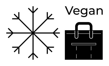 Vejetaryenliği, sürdürülebilirliği ve etik tüketimi destekleyen ekolojik bir vejetaryen çanta grafiğinin yanında kar tanesi ikonu. Eko-yaşam tarzı, moda, kış, perakende, zulümsüzlük ve etik için ideal.