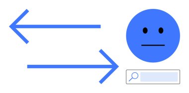 Oklar, altında arama çubuğu olan tarafsız mavi bir yüzü işaret ediyor. İletişim, yön, bağlantı, arama, kullanıcı etkileşimi, geribildirim, navigasyon, basit iniş sayfası için ideal