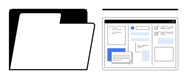 Düzenli dosyaları, listeleri ve notları gösteren bir masaüstü ekranının yanına dizin simgesi aç. Üretim, organizasyon, iş akışı, veri yönetimi, dijital araçlar, dosyalama ve minimalist için ideal