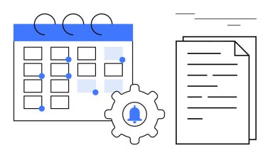 İşaretli tarihli takvim, çan simgeli dişli dişli takvim ve zamanlamayı, hatırlatıcıları ve organizasyonu vurgulayan belge yığını. Üretim, planlama, teslim tarihleri, iş akışı görev yönetimi için ideal