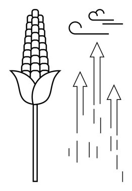 Yaprakları yukarı doğru uzanan ve minimalist bulutları akan mısır bitkisi. Tarım, ilerleme, büyüme, sürdürülebilirlik, tarım, yenilik, çevre dostu endüstri için idealdir. Basit düz