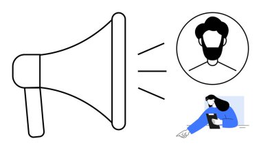 Ses dalgaları yayan megafon, daire çizen adam portresi, tabletle uğraşan kadın. İletişim, sosyal medya, duyurular, pazarlama stratejisi, takım çalışması, basit iniş için ideal