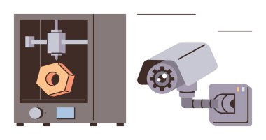 3D yazıcı, güvenlik kamerasının yanında geometrik nesne üretiyor. Teknoloji, üretim, gözetleme, yenilik, ürün geliştirme, otomasyon ve güvenlik için idealdir. Basit düz metafor