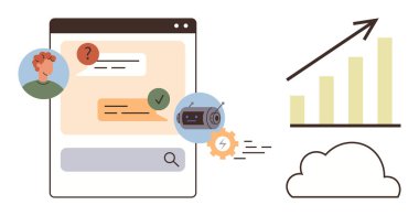 Chatbot kullanıcı ile etkileşimi, mesaj baloncukları, bulut deposu, yukarı doğru grafik ve çark dijital dönüşümü vurguluyor. Teknoloji, otomasyon, üretkenlik, analitik, iletişim için ideal