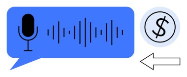 Bir konuşma balonunun içinde mikrofon ve ses dalgası, dolar simgesi ve ok. Podcast, ses kaydı, ses tanıma, içerik oluşturma, para kazanma, dijital araç pazarlama için idealdir. Basit.