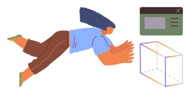 Üç boyutlu küp ve minimal ağ arayüzü ile bağlanan kolları açık biri. Yaratıcılık, teknoloji, yenilik, tasarım, görselleştirme, problem çözme, basit düz metafor