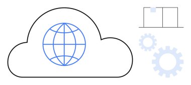 Sunucu rafı ve dişlilere bağlı dünya simgesi içeren bulut. Bulut hesaplama, küresel ağlar, veri depolama, teknoloji iş akışları, bilişim yönetimi, takım çalışması, ölçeklenebilir çözümler için idealdir. Basit.