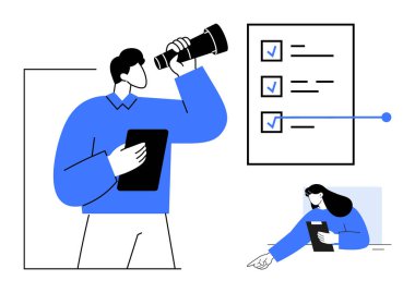 Elinde bir tablet tutan ve teleskopla bakan bir kişi. İşaretli görevleri olan kontrol listesi, iş arkadaşı incelemesi. Takım çalışması, hedef belirleme, proje planlaması, strateji geliştirme, üretkenlik için ideal