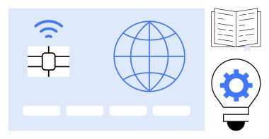 Kablosuz sinyalli çip, dünya, açık kitap ve dişli ışıklı ampul, yenilik, bağlantı, küresel bilgi ve teknoloji eğitimi. Teknoloji ve eğitim bilgi paylaşımı için ideal