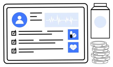 Hasta verilerini gösteren tablet, kalp monitörü, ilaç ikonları, kontrol listesi işaretleri. Yanında ilaç şişesi ve para destesi var. Sağlık, teknoloji, yönetim, sigorta finansmanı için ideal
