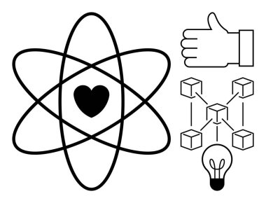 Atom merkezindeki kalp, birbirine bağlı küpler, baş parmaklar ve ampul yenilik ve sinerjiyi temsil ediyor. Bilim, teknoloji, yenilik, yaratıcılık, takım çalışması için idealdir.