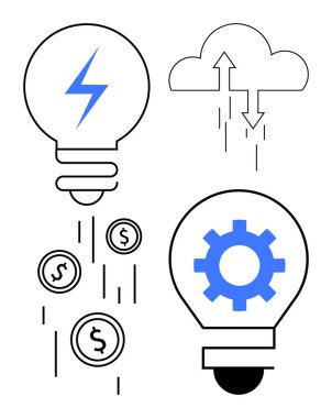 Enerji cıvatalı ampuller, madeni paralar, dişliler ve bulut okları yenilik, verimlilik, bulut hesaplaması, finans, teknoloji yenilenebilir enerji ve otomasyon iletir. Yenilenebilir teknoloji sektörü için ideal