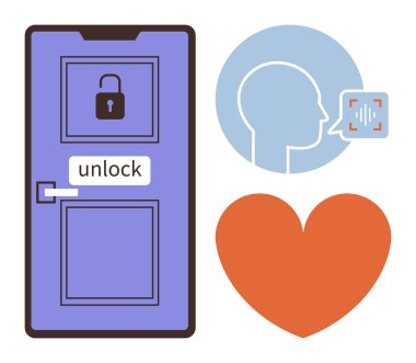 Dijital kapı ses komutu ile açılıyor, konuşma tanıma için kafa profili ve güven ve güvenliği sembolize eden bir kalp. Teknoloji, erişim kontrolü, kimlik tespiti, güvenlik sistemleri için ideal