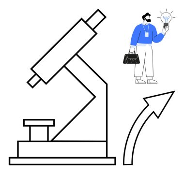 Mikroskop, yenilik ve araştırma başarısını sembolize eden bir ampul tutan bir profesyonelle eşleştirildi. Bilim, eğitim, yenilik, teknoloji, kalkınma, kariyer büyümesi, keşif için ideal