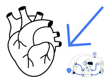 Cesur bir okla bağlanmış robot yapay zeka sisteminin yanında bir insan kalbinin ana hatları. Sağlık hizmeti, yapay zeka teknolojisi, tıp, yenilik, otomasyon, kardiyoloji, gelecek tasarımı için idealdir. Basit düz