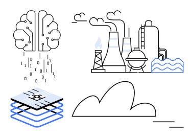 Yapay zeka işleme verileri, katmanlı çip temiz enerjili sanayi santrali ve bulut. Sanayide yapay zeka, enerji verimliliği, sürdürülebilirlik, yenilik, otomasyon veri analizi için idealdir.