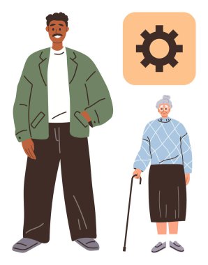 Yeşil ceket giyen genç bir adam, bastonlu yaşlı bir kadın ve bir vites simgesi. Destek, bakım, işbirliği, kuşak ilişkileri, teknoloji dahil takım çalışması için ideal. Basit düz