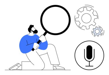 Büyüteçle diz çökmüş bir adam, dişliler problem çözmeyi öneriyor, mikrofon ikonu iletişimi simgeliyor. Araştırma, yenilik, takım çalışması, analiz, teknoloji, iletişim için ideal basit