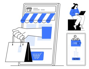 Akıllı telefon ekranı çevrimiçi alışveriş çantası, e-ticaret arayüzü, dizüstü bilgisayarla uzaktan çalışma. E-ticaret, mobil uygulamalar, alışveriş, çevrimiçi işlemler, serbest ticaret, teknoloji için ideal