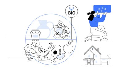 Organik meyve ve sebzeler, biyolojik sembol odaklı, dizüstü bilgisayarda kodlanan kadın, sürdürülebilir ev silueti. Sürdürülebilirlik, eko-yaşam, beslenme, sağlık, teknoloji dengesi, ev tasarımı için ideal