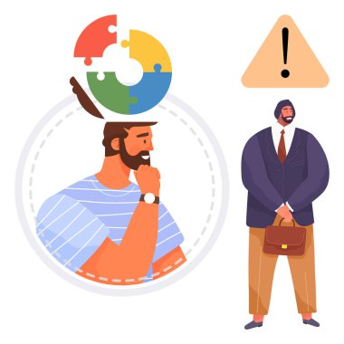 Düşünceli bir adam bulmaca parçalarıyla fikirleri ve çözümleri temsil ediyor. Resmi işadamı evrak çantasını alarm sembolü altında tutuyor. Beyin fırtınası, karar verme, meydan okuma, liderlik, strateji için ideal