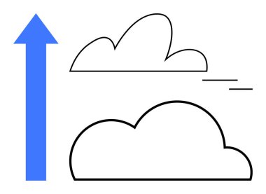 Mavi ok, iki minimalist bulut tasarımının yanında gelişimi, gelişmeyi, geçişi ve hırsı simgeliyor. İş için ideal, yenilik, başarı, motivasyon dönüşüm arzusu