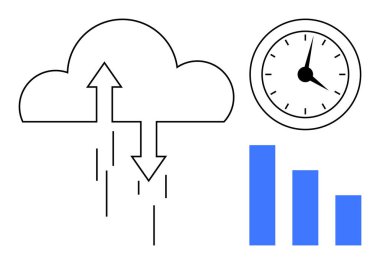 Oklu bulut, saat yüzlü ve üç mavi çizelge bölümü veri senkronizasyonu, zaman yönetimi ve performans analizini temsil ediyor. Teknoloji, üretkenlik, analitik, verimlilik verileri için ideal