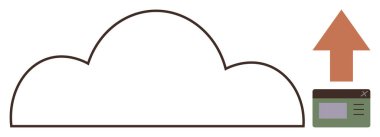 Bulut çizgisi, yukarı doğru ok, küçük web arayüzü penceresi. Teknoloji, veri yönetimi, bulut bilgisayarı, depolama, dosya paylaşımı, yedekleme sistemleri için ideal basit düz metafor